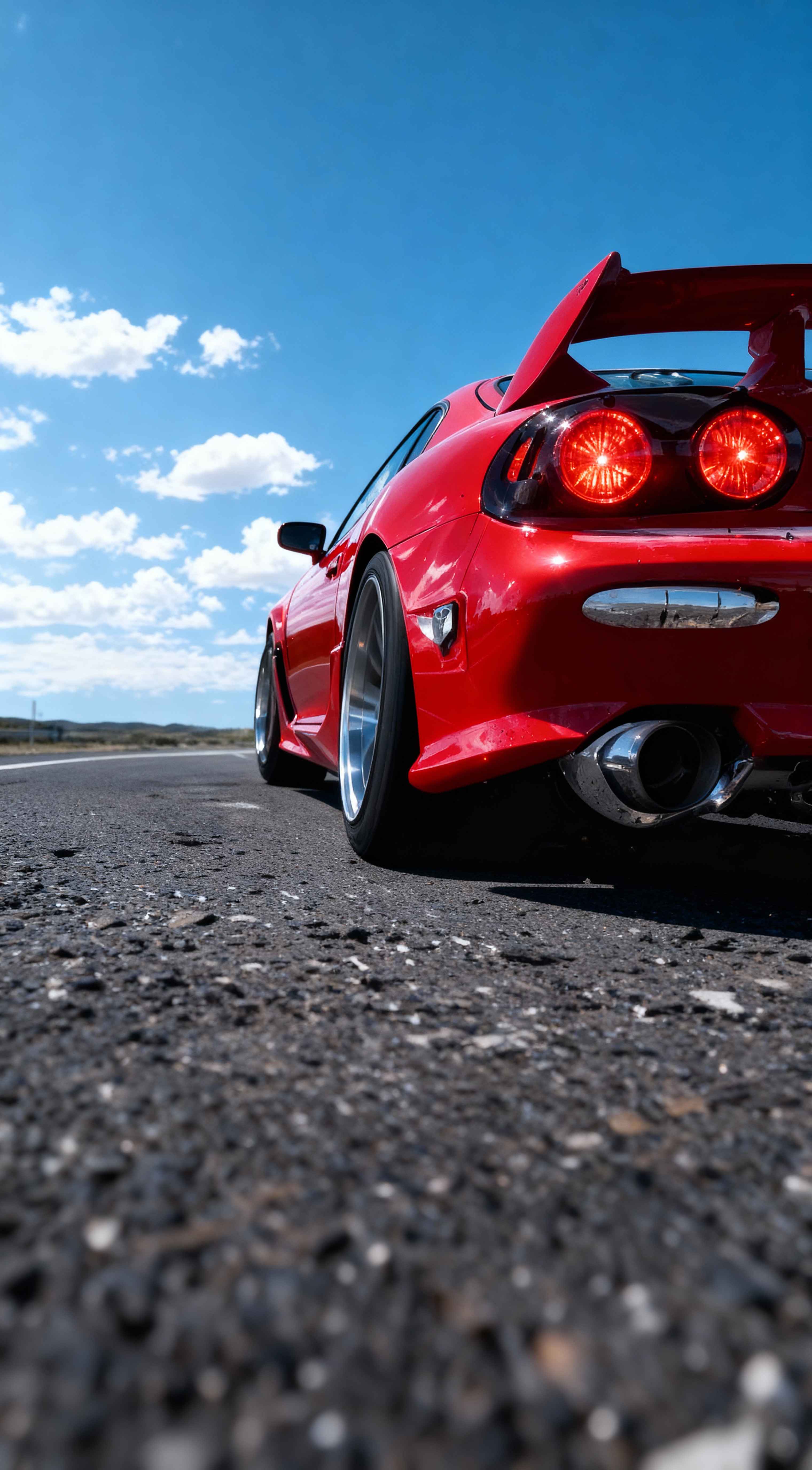 Rear view of a modified red Mazda RX-7 FD JDM car with glowing round taillights on an asphalt road under a blue sky.