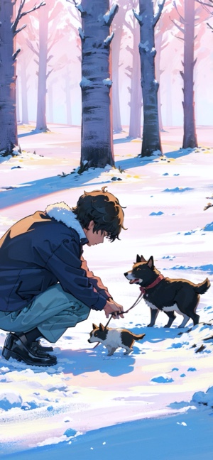 눈 덮인 나무들 사이에서 개와 강아지를 돌보는 애니메이션 스타일의 소년, 따뜻한 햇살.