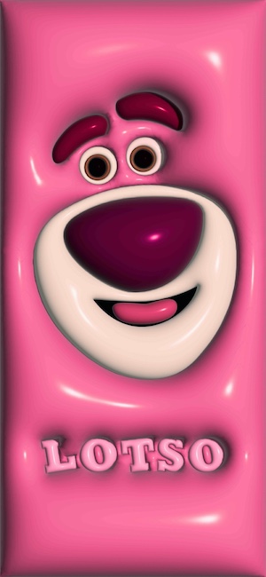 3D glossy pink Lotso face from Toy Story with a puffy plastic texture and high-shine finish.