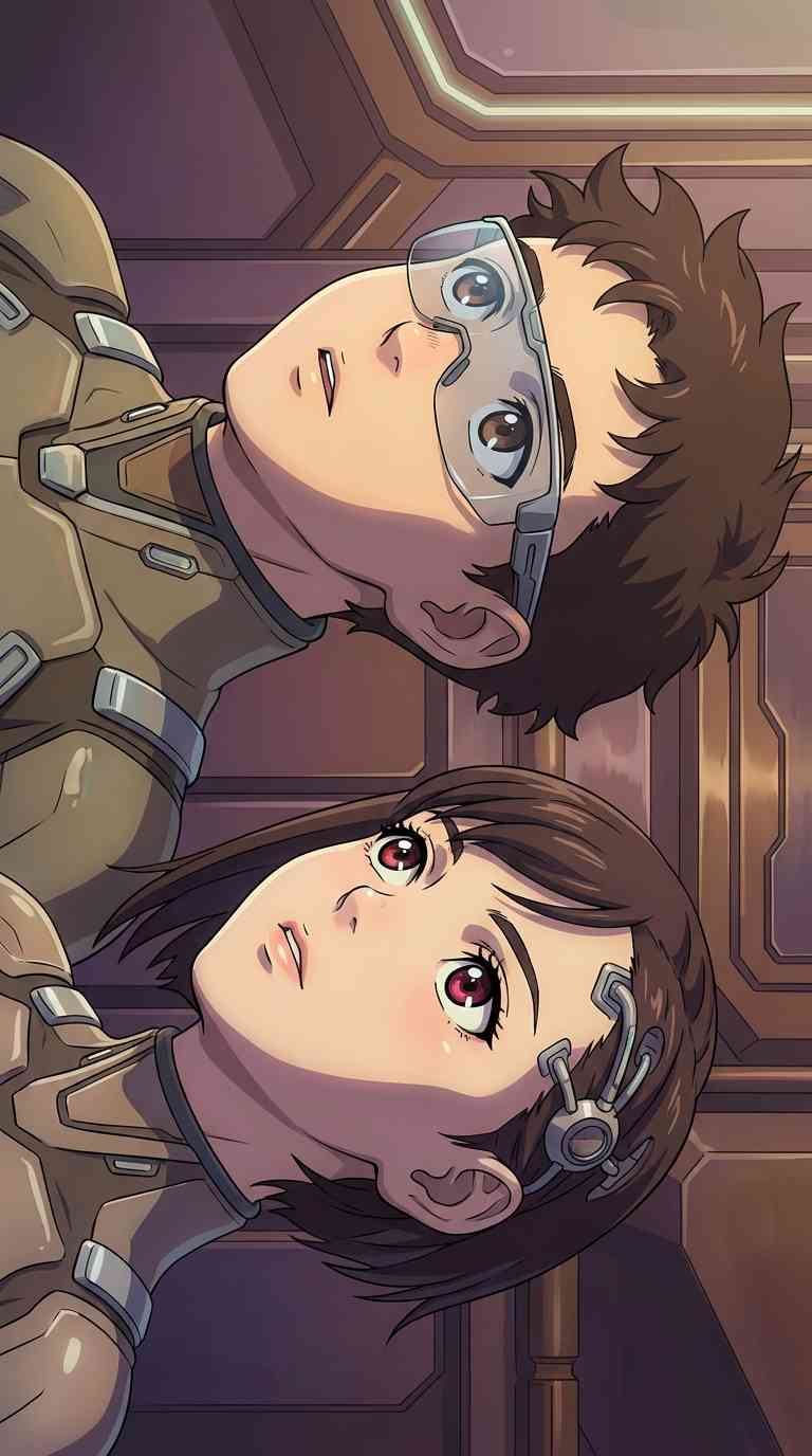 Two anime pilots in tan futuristic suits looking upwards in a sci-fi cockpit, soft lighting, brown hair.