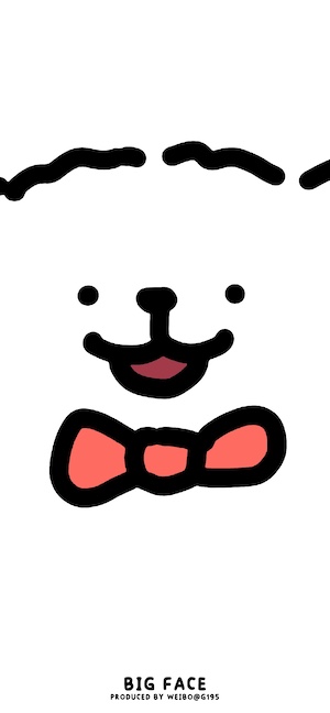 Ilustración minimalista de la cara de un perro blanco con una pajarita roja brillante, estilo dibujo animado simple.