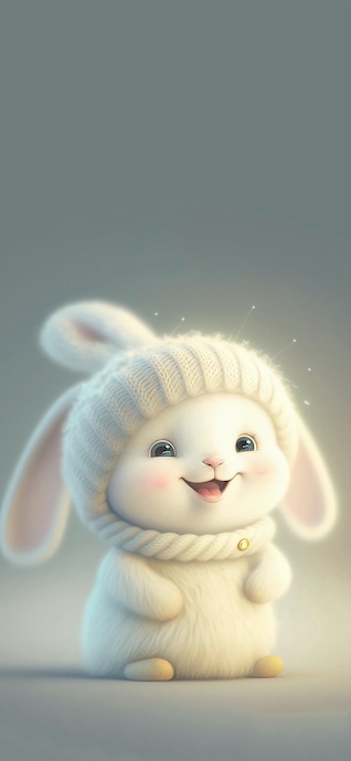 A 3D rendered cute white bunny wearing a knitted winter beanie hat and smiling, soft minimalist background.