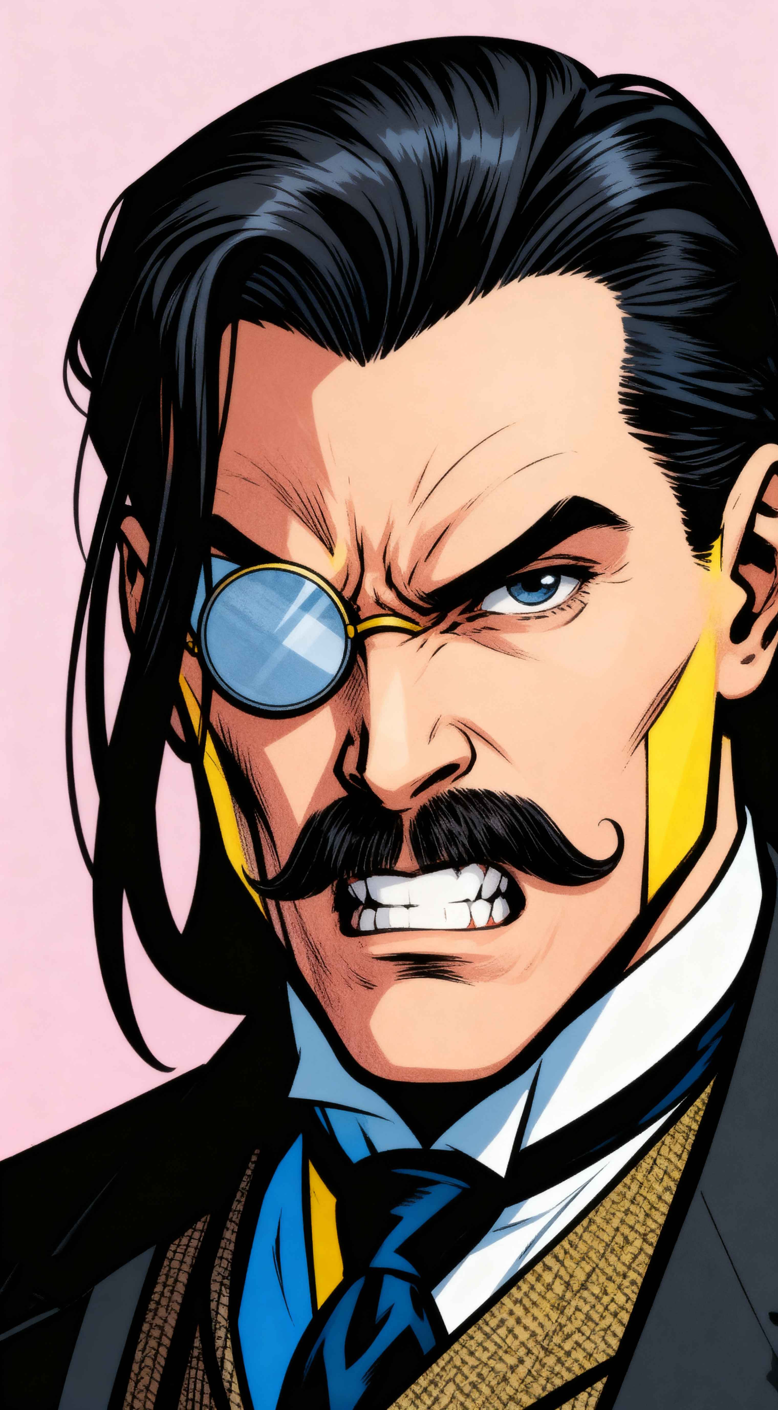 Comic art of an angry dapper villain with a monocle and mustache, wearing a suit with yellow and blue accents.