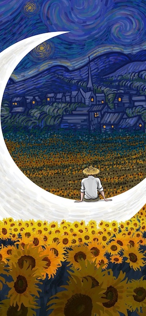 Homme au chapeau de paille assis sur un croissant de lune surplombant la nuit étoilée et un champ de tournesols dans le style de Van Gogh.