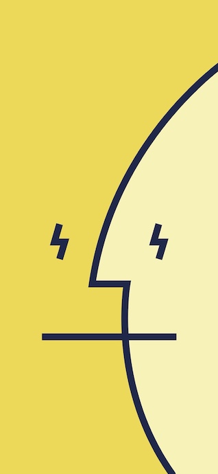 A minimalist profile of a human face with lightning bolt eyes, drawn in dark navy blue lines against a solid pale yellow background.
