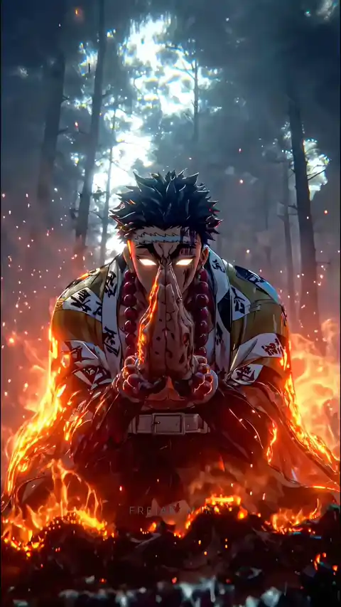 Illustration animée de Gyomei Himejima (Demon Slayer) en train de prier au milieu de flammes et d'étincelles dans une forêt.