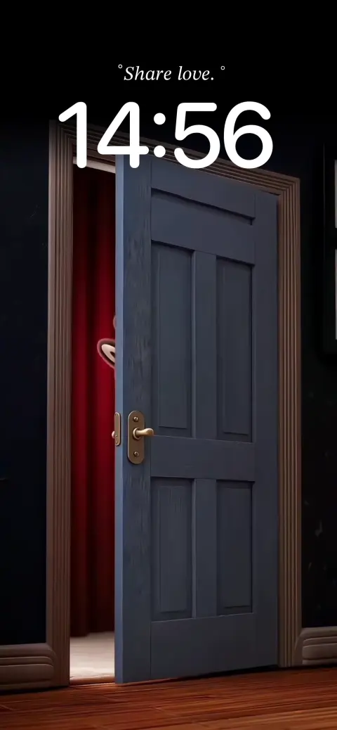 A 3D rendered pink fuzzy bear peeking from behind a slightly open dark blue door into a room with a red curtain and wooden floor.