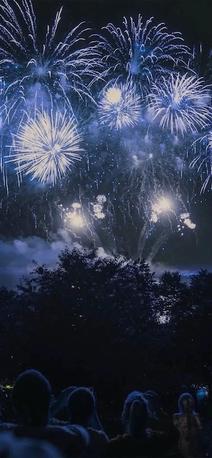 Large blue and white fireworks exploding in the night sky over silhouetted trees and a crowd of people at a festival.