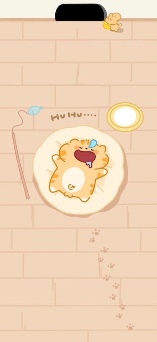 A cute orange tabby cat sleeping and drooling on a round cushion, with a small mouse nearby and paw prints on a beige background.