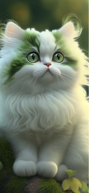 Eine flauschige weiße Katze mit grünen Flecken und leuchtend grünen Augen auf einem Ast in der Natur.