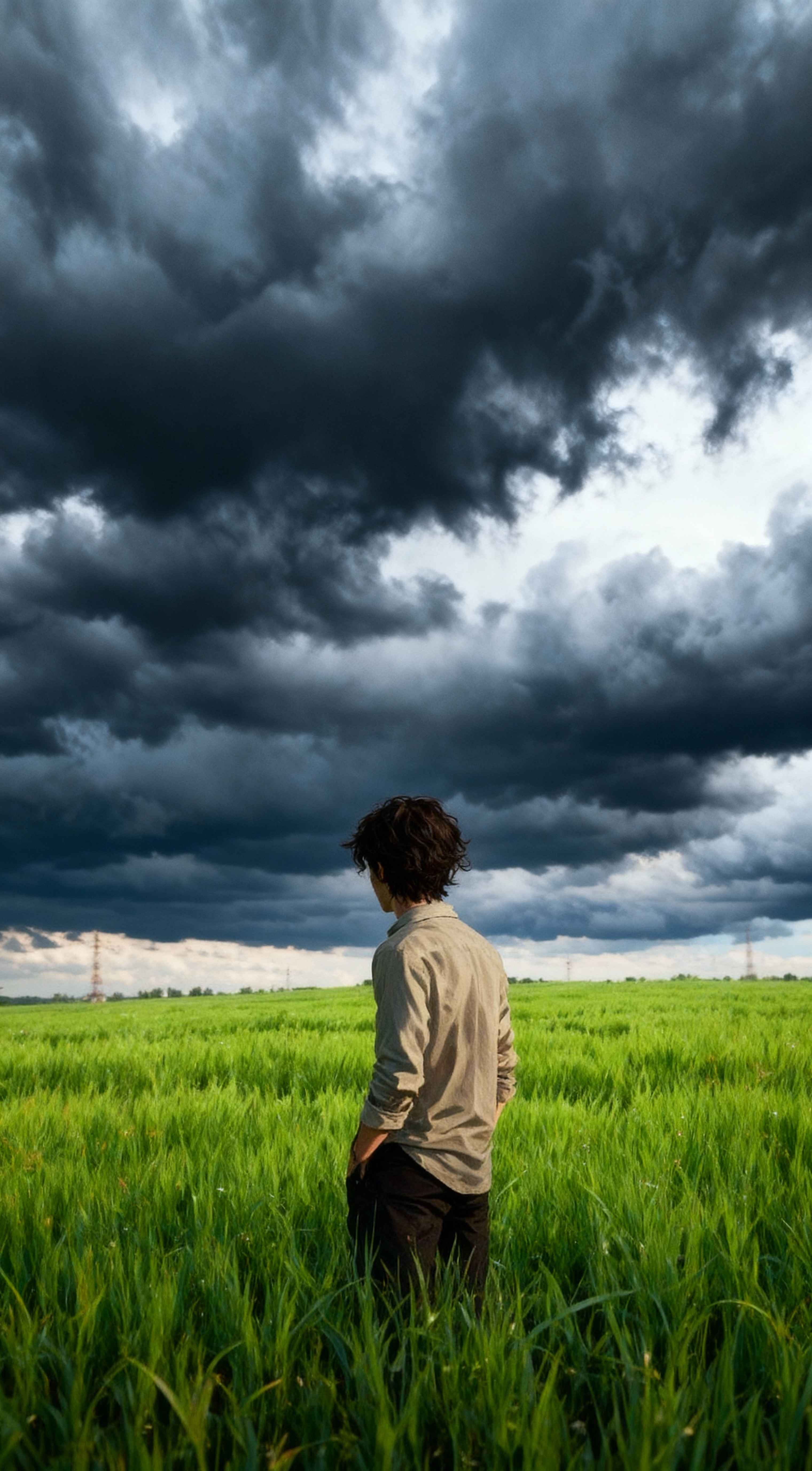 A man with curly hair stands in a bright green field looking at dark, heavy storm clouds in the sky.