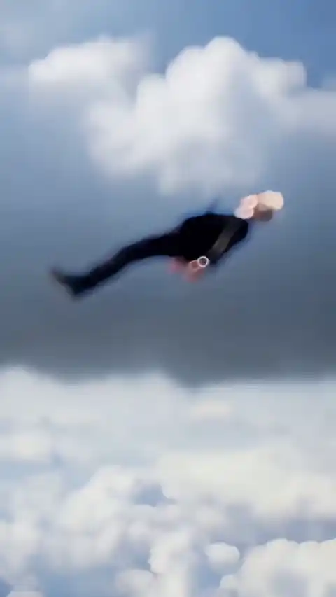 Illustration animée de Gojo Satoru de Jujutsu Kaisen flottant horizontalement parmi des nuages blancs sous un ciel bleu.