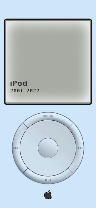 Illustration épurée d'un iPod classique bleu clair avec la molette cliquable et les dates 2001-2022.