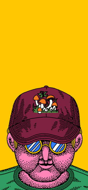 A stipple-art illustration of a pink-skinned character with blue sunglasses and a maroon cap with mushrooms on a vibrant yellow background.