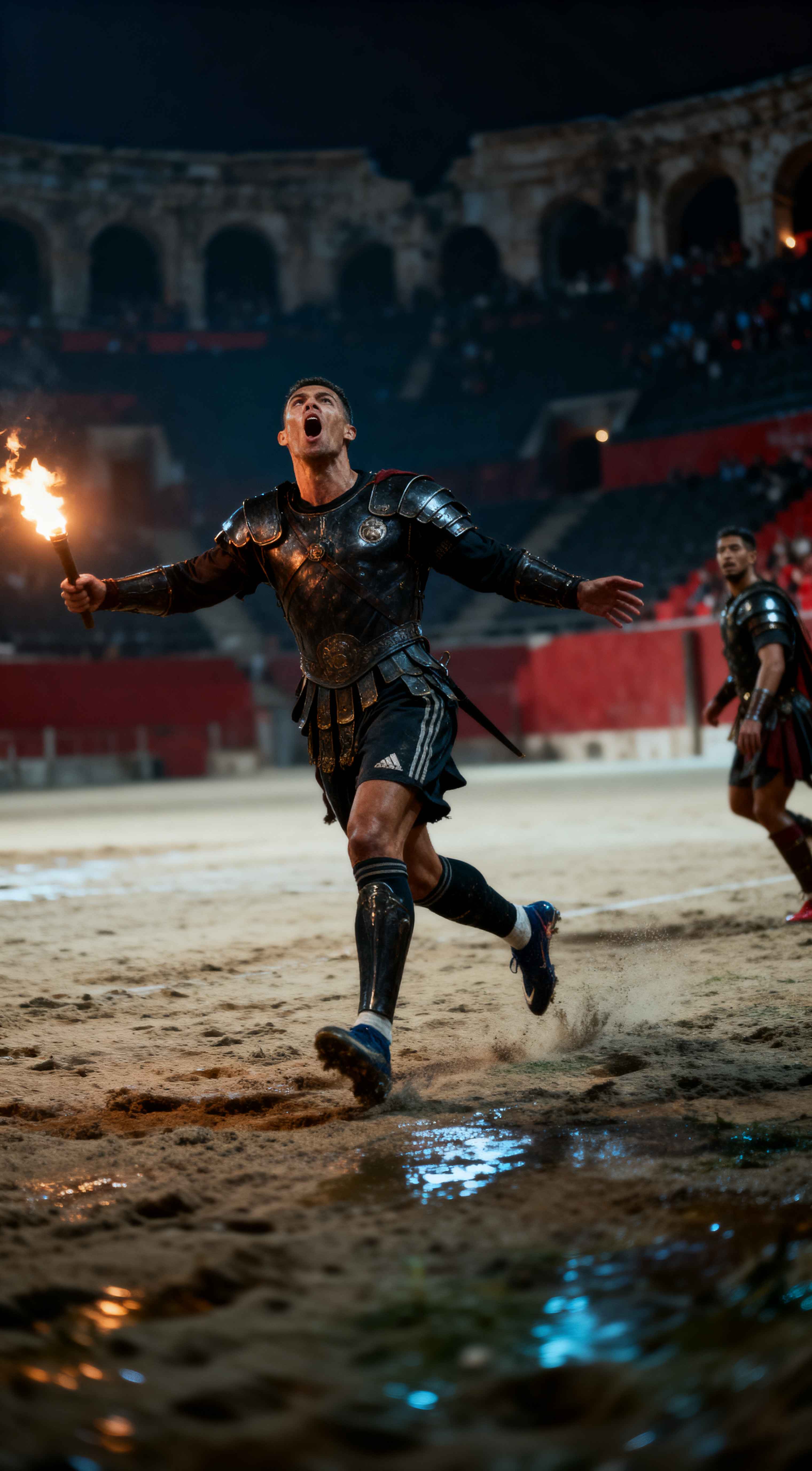 Cristiano Ronaldo in gladiator armor holding a flaming torch in a dark Roman arena with cinematic lighting and reflections.