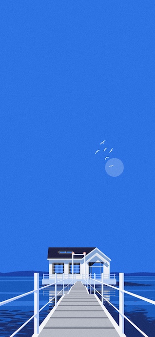 A minimalist illustration of a white house on stilts in the ocean with a long pier leading to it under a textured blue sky with seagulls.