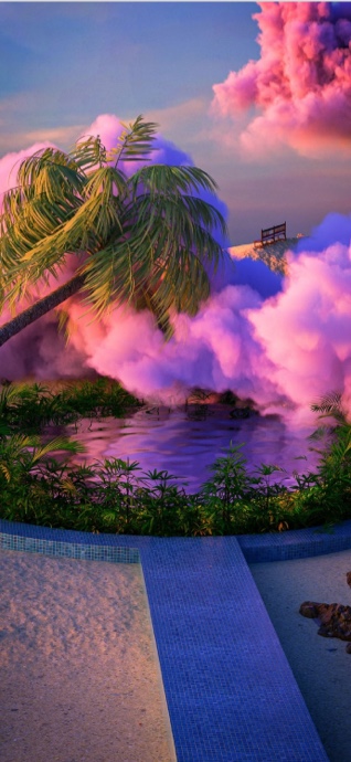 Eine surreale tropische Landschaft mit großen, flauschigen rosa Wolken, die über einem violetten Teich und Palmen schweben.