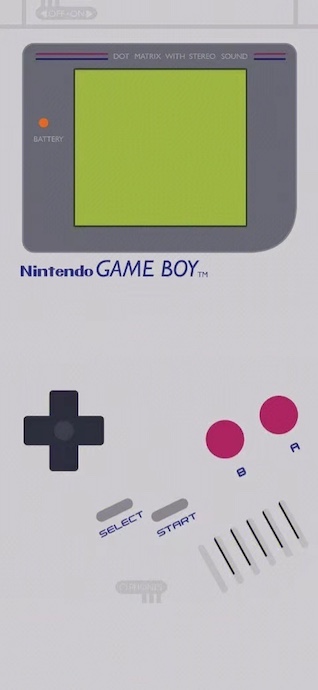 Ilustración minimalista de una consola Nintendo Game Boy clásica con cuerpo gris, pantalla verde y botones rojos.