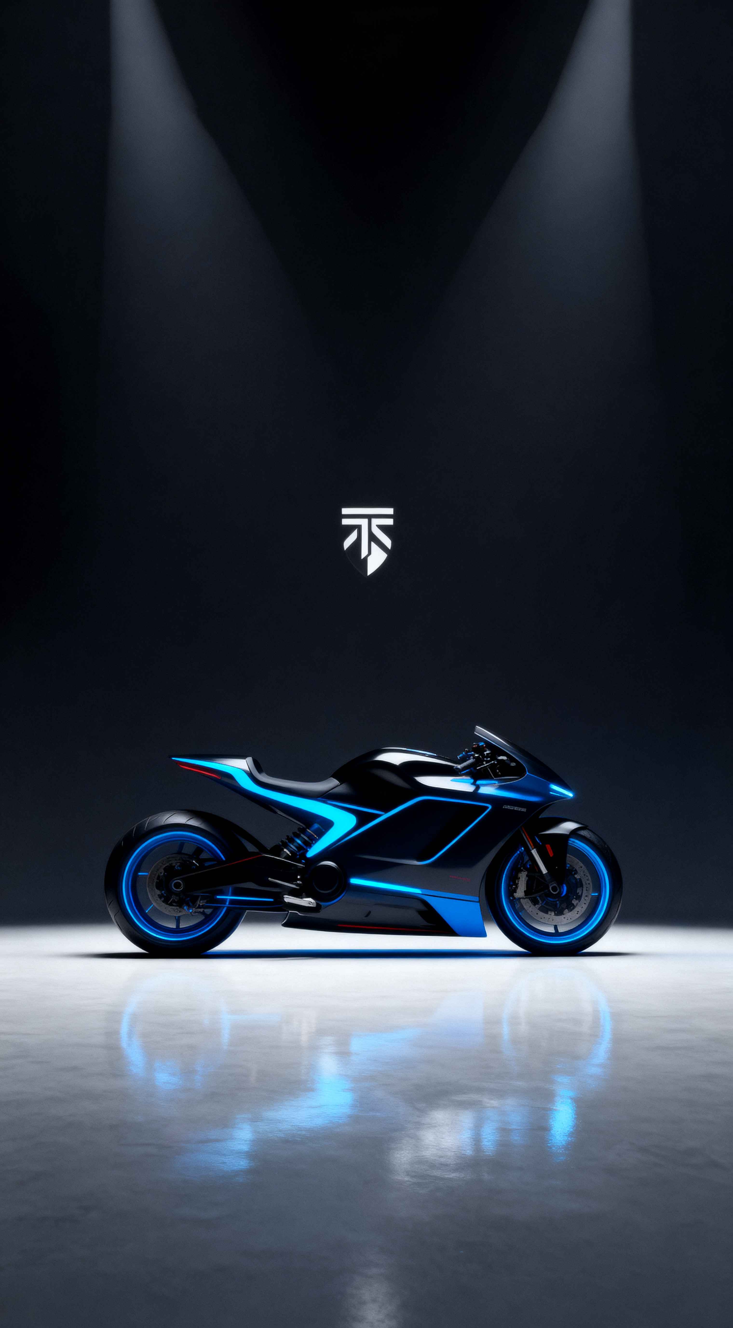 Profile view of a futuristic electric superbike with neon blue lights in a dark studio setting with floor reflections.