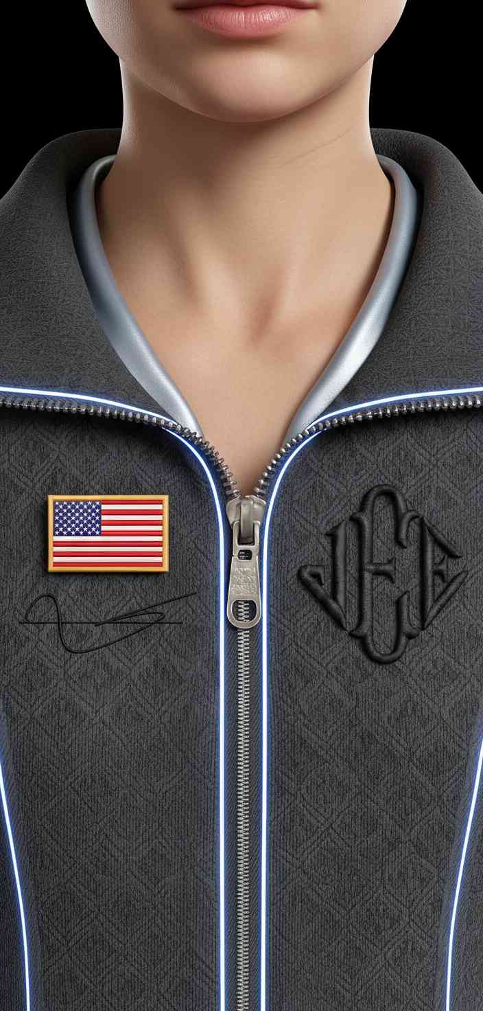 Close-up of a grey techwear jacket with an American flag patch, glowing blue neon trim, and a high-detail 3D fabric texture.