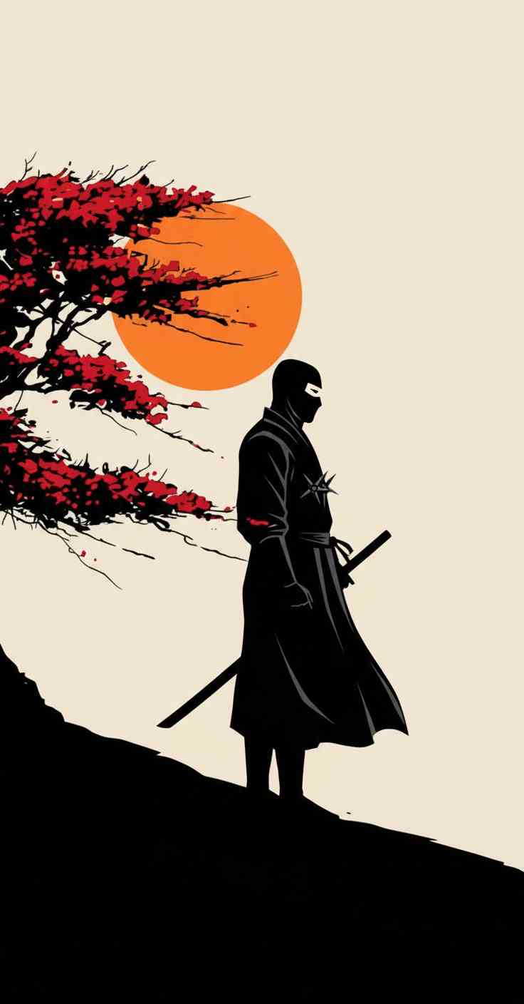 Minimalist silhouette of a black ninja with a katana under an orange sun and red autumn tree on a cream background.