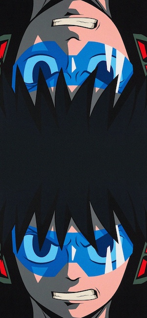 黑色背景上宇智波佐助戴著藍色護目鏡的對稱鏡像向量插畫，表情嚴肅。