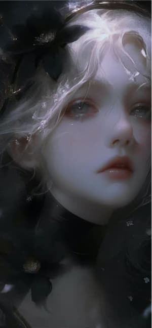 Close-up portrait of a pale girl with white hair, dark eyes, and black flowers in her hair, soft ethereal lighting, gothic aesthetic.