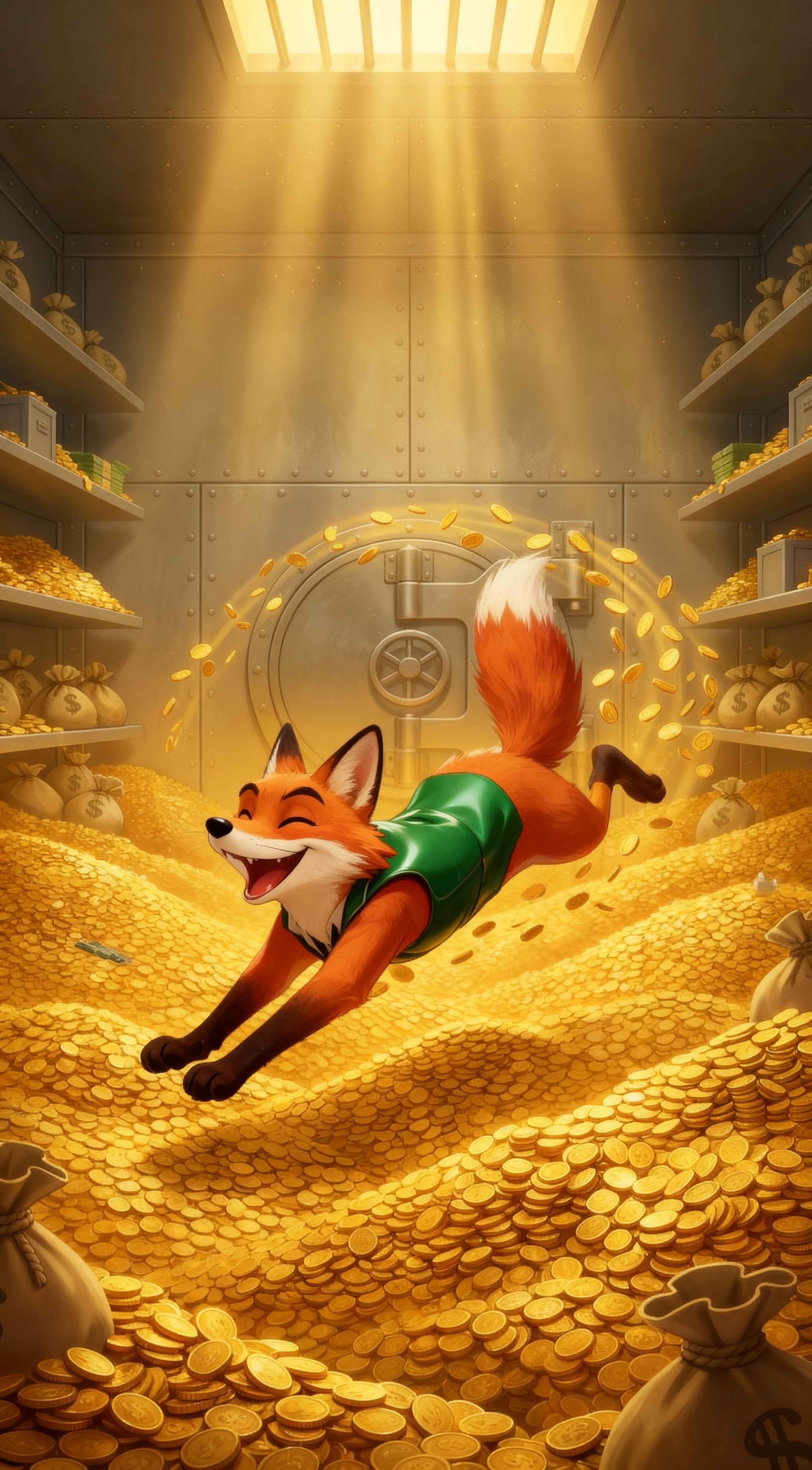 A happy orange fox in a green vest jumping into a pile of gold coins inside a sunlit bank vault 3D render.