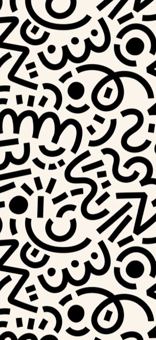 Un motif abstrait minimaliste composé de gribouillis noirs épais, de points et de lignes géométriques sur un fond crème chaud.