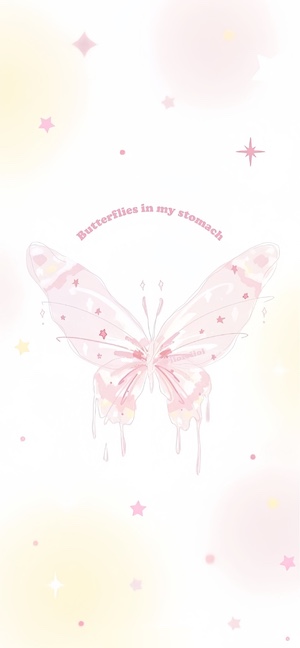 A soft pink and pastel watercolor butterfly with the text 'Butterflies in my stomach' above it, surrounded by sparkles and stars on a cream background.