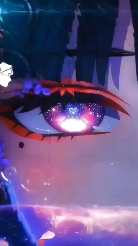 Animated anime eye illustration featuring a vibrant purple galaxy and a glowing heart inside the pupil with falling tears.