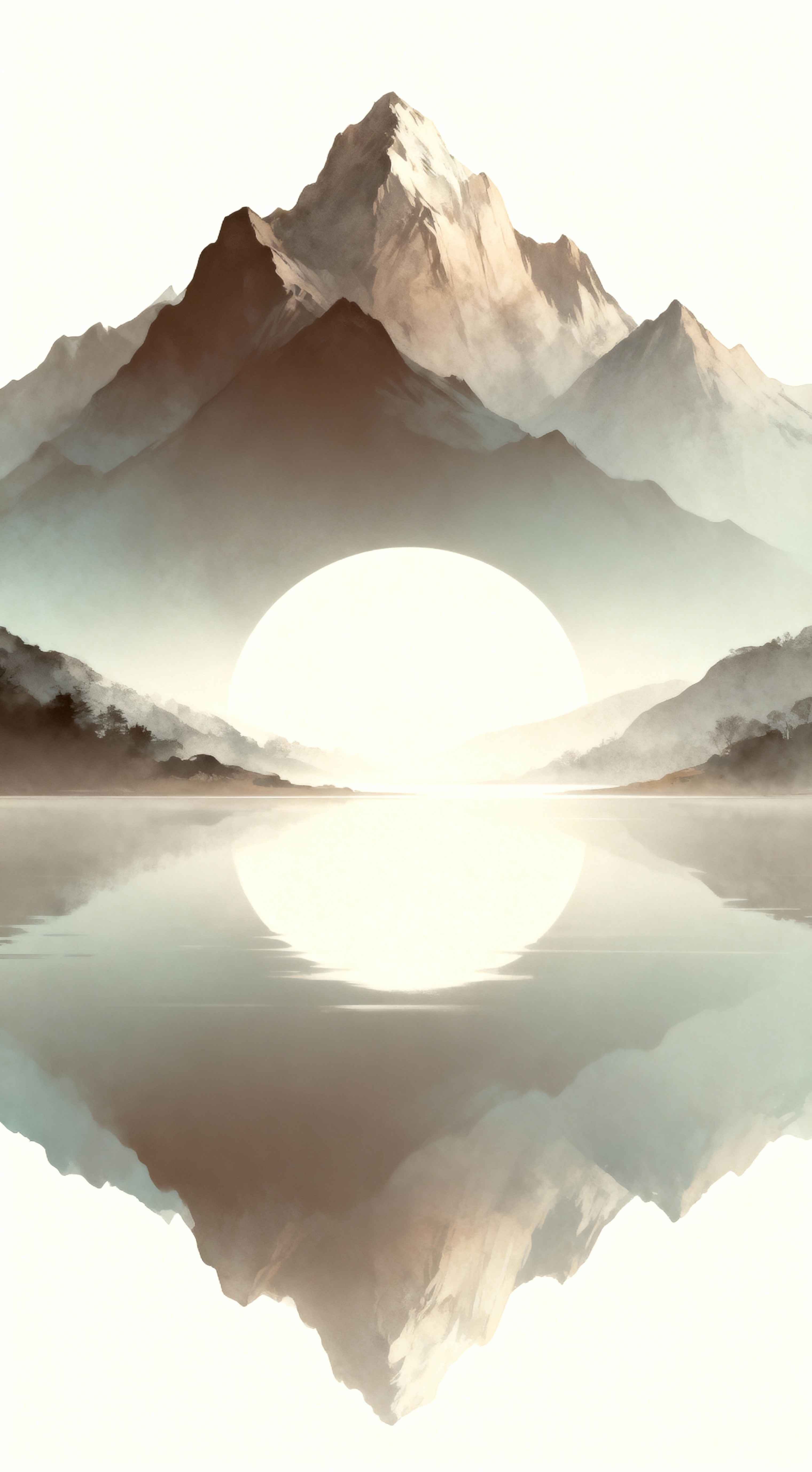 Minimalist watercolor painting of a brown mountain peak reflecting in a calm lake with a large glowing white sun.