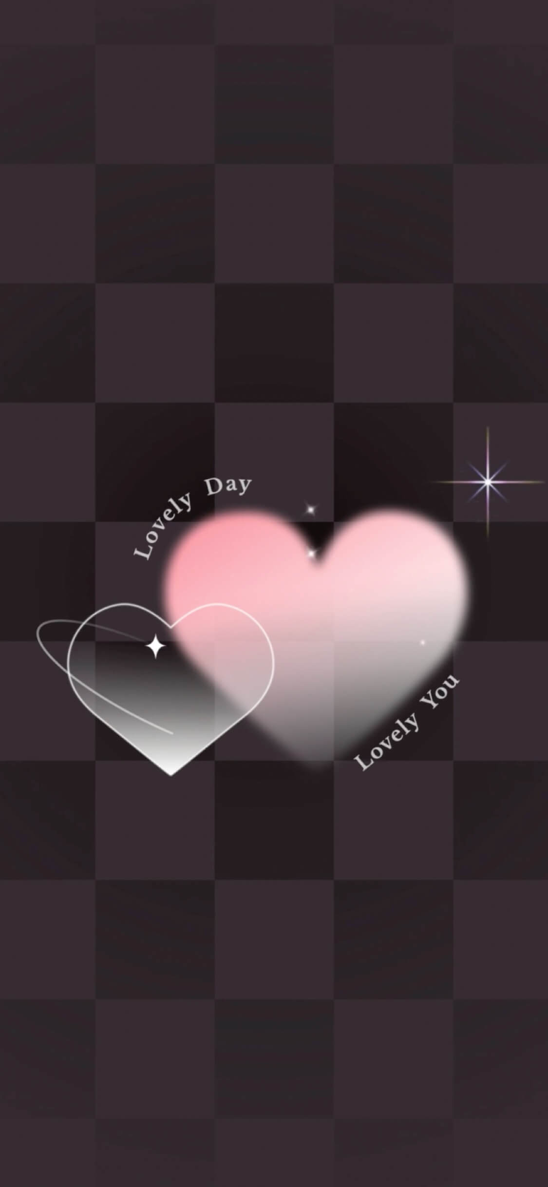 Animated illustration of a glowing pink heart and glassmorphism heart outline on a dark checkered grid with sparkling stars.