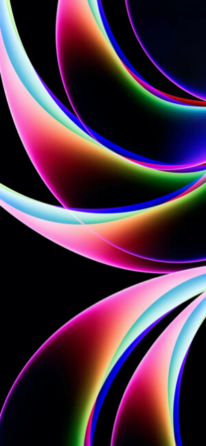 Curvas de colores neón vibrantes brillando intensamente sobre un fondo negro profundo.