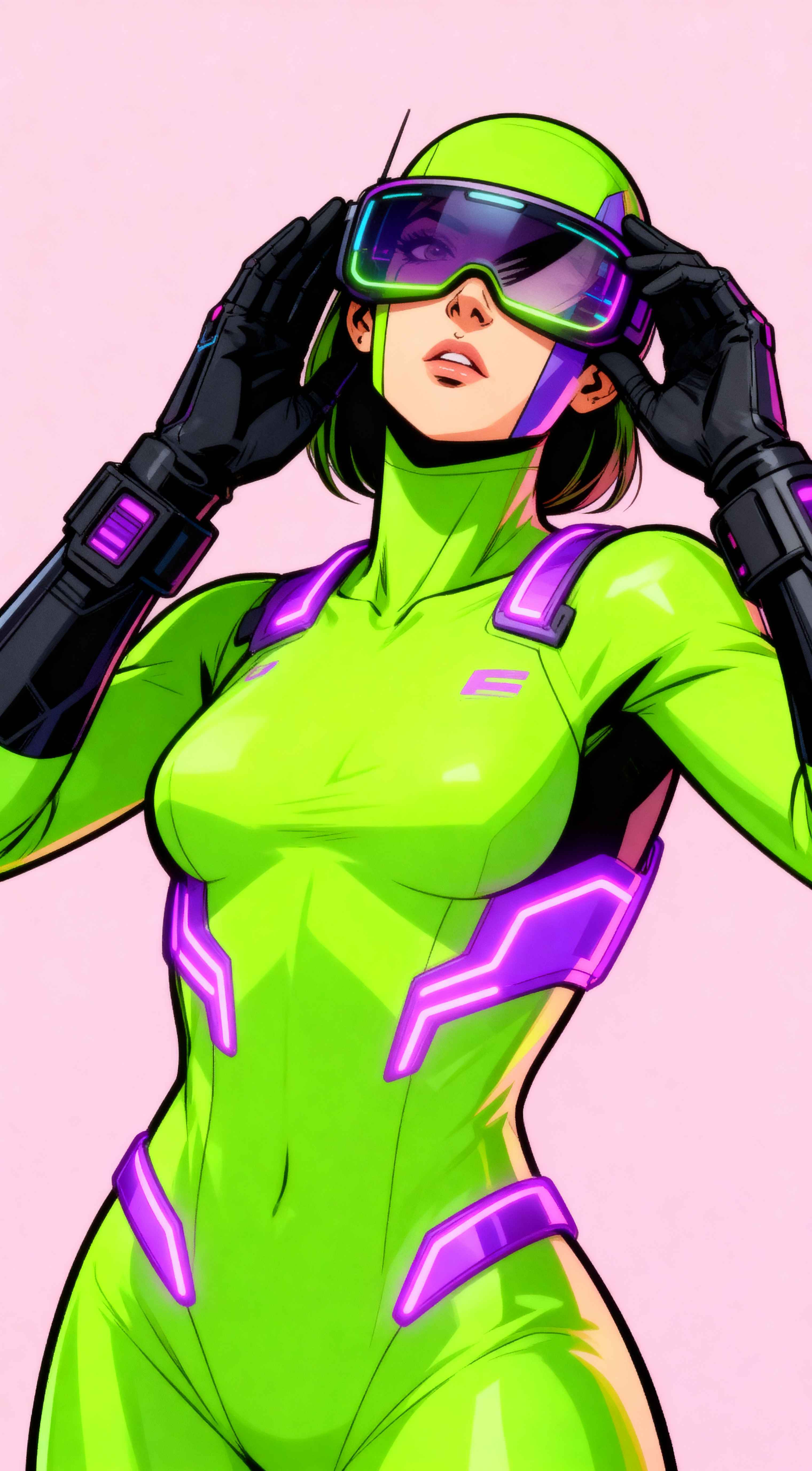 Anime girl in neon green and purple futuristic suit wearing goggles against a pink background in a cyberpunk style.