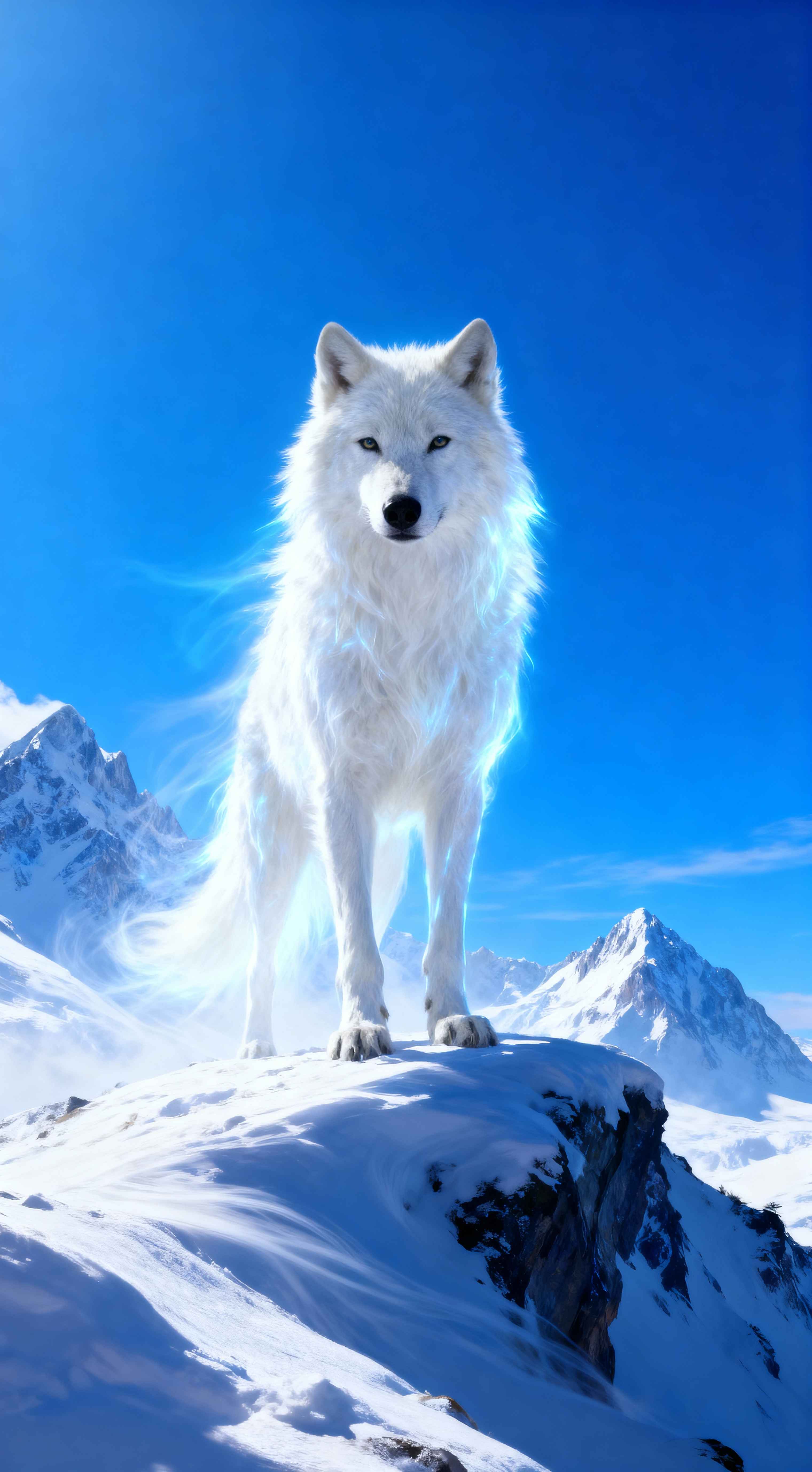 Majestic white wolf with a glowing blue aura standing on a snowy mountain peak under a clear blue sky.