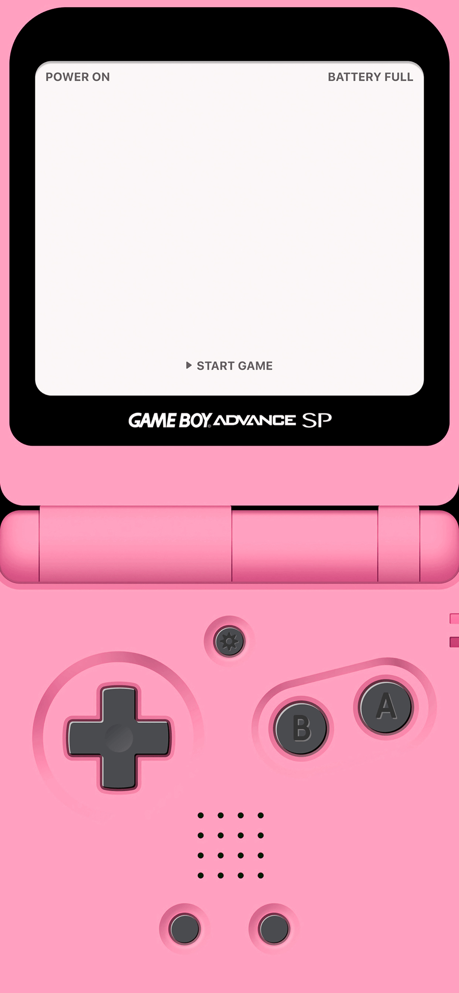 Eine minimalistische Illustration eines pinken Game Boy Advance SP mit dem Text 'Start Game' auf dem Bildschirm.
