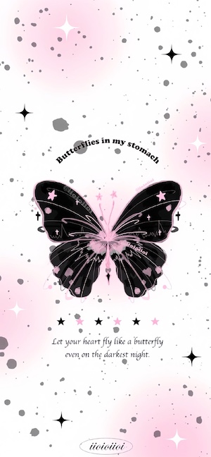 A stylized black butterfly with pink accents and stars on a white background with pink glow and grey splatters, including the quote 'Butterflies in my stomach'.