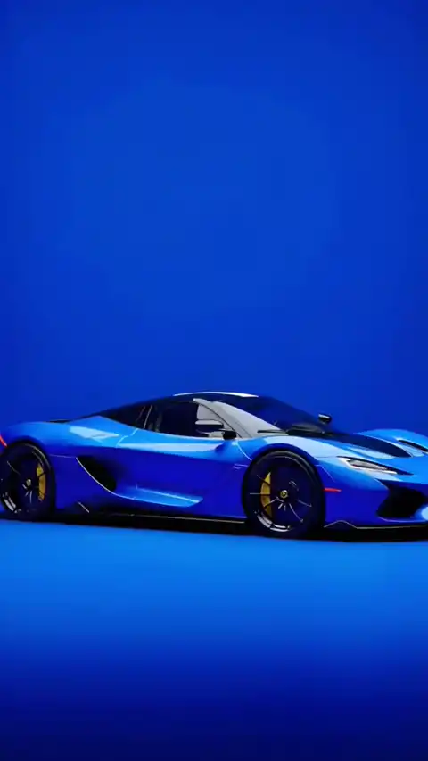 ミニマルな青い背景に置かれた青いスーパーカーの動くイラスト。