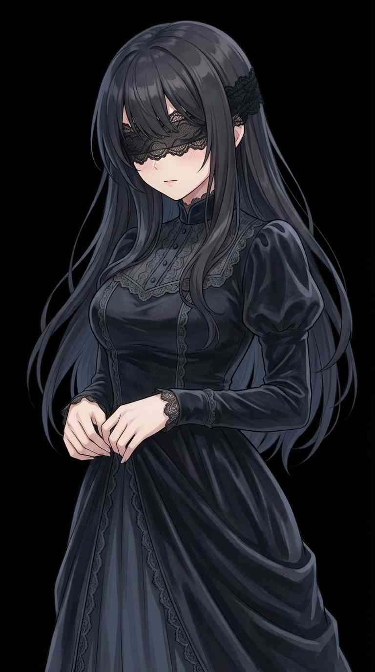 Anime girl with long black hair wearing a black lace dress and a lace blindfold against a solid black background.