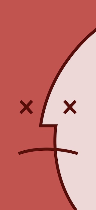 Ilustración minimalista en dos tonos de rojo de una cara triste con ojos de X, inspirada en el icono de Finder de Mac.