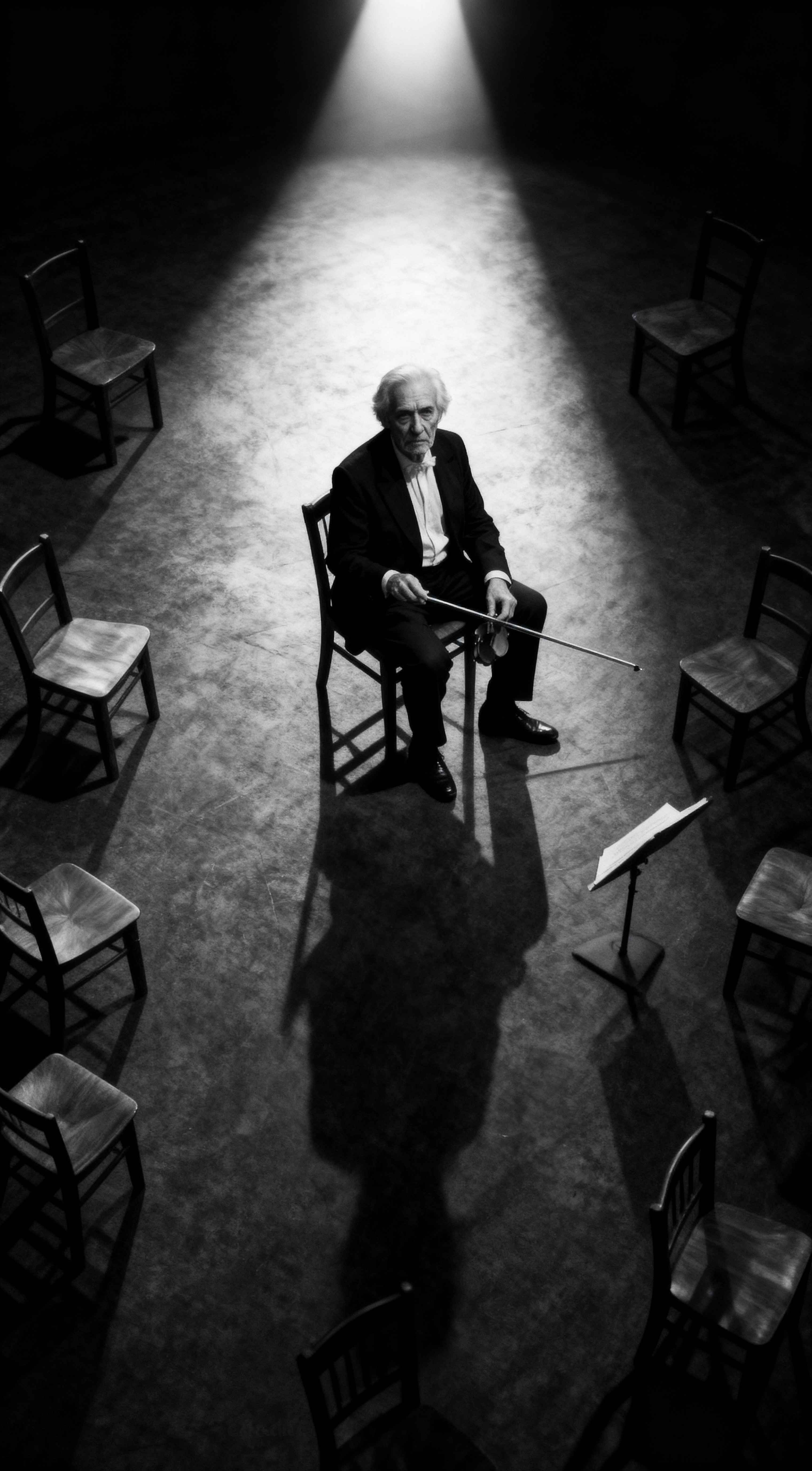 Black and white photo of an elderly violinist sitting in a spotlight surrounded by empty chairs in a dark hall.
