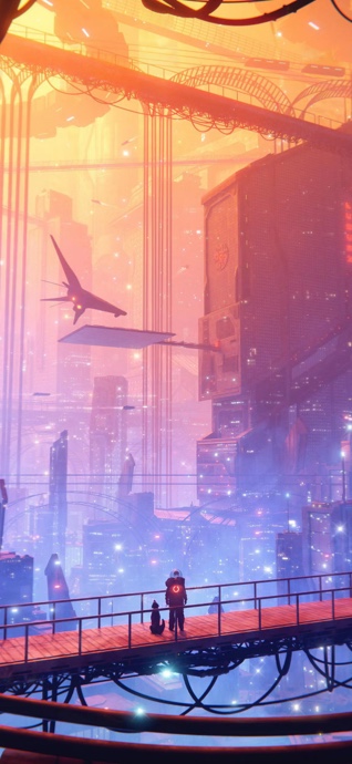 An astronaut and a dog standing on a high catwalk overlooking a glowing futuristic city at sunset with flying ships in a cyberpunk style.