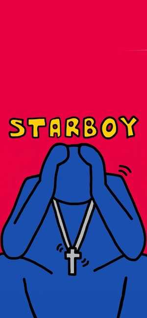 A minimalist pop art illustration of a blue silhouette holding its head with a cross necklace, set against a bright red background with yellow 'STARBOY' text.
