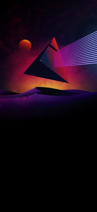 A floating dark pyramid emitting vibrant purple light rays over purple sand dunes under a deep red sunset sky with a distant sun.