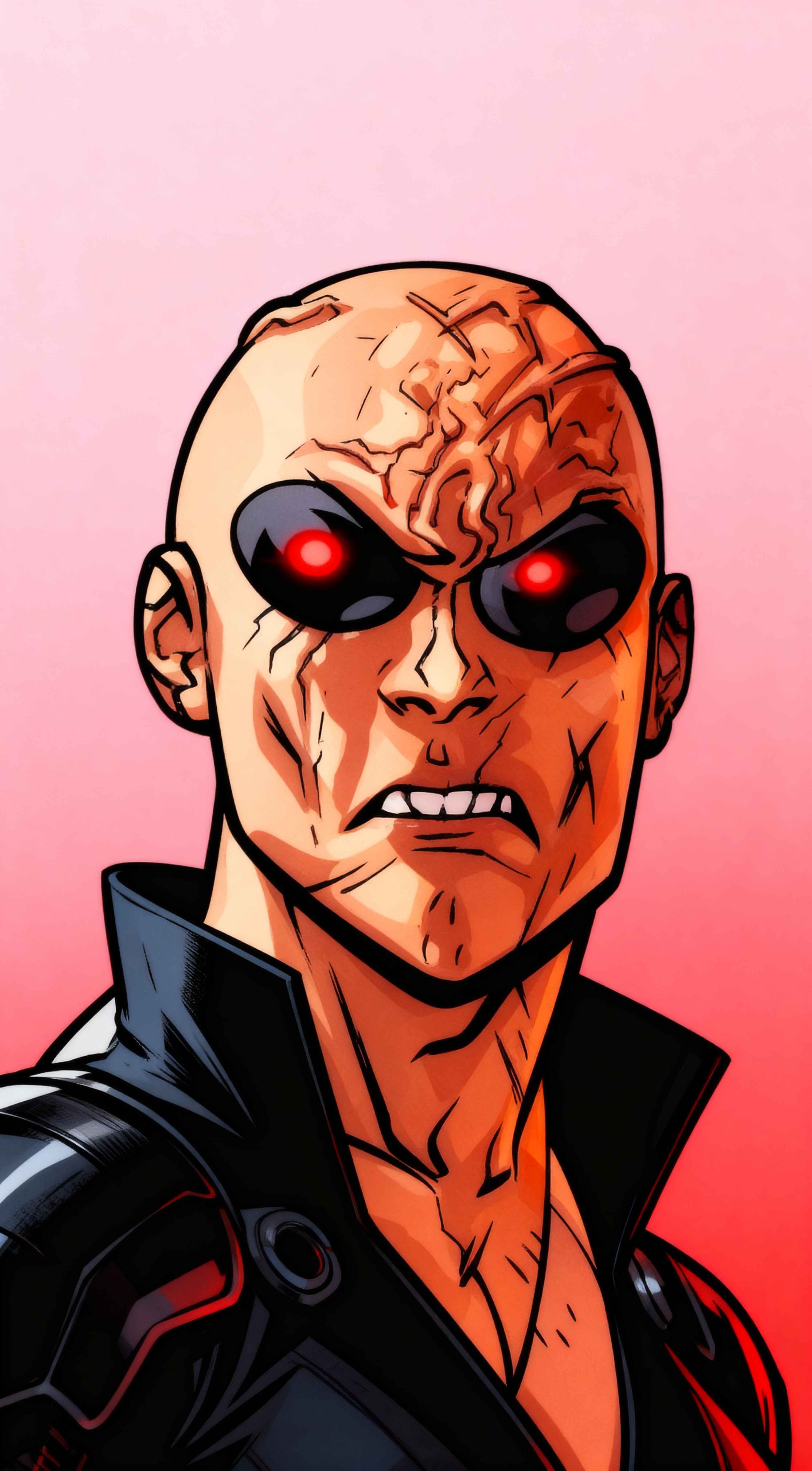 Comic book art of a scarred bald man with glowing red cybernetic eyes wearing a black jacket on a pink background.