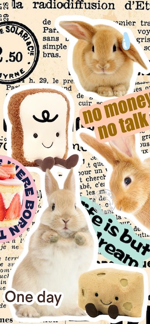 Eine ästhetische Handy-Collage mit echten Hasen, Plüsch-Toast, Erdbeerkuchen und Vintage-Zeitungsausschnitten im Retro-Stil.