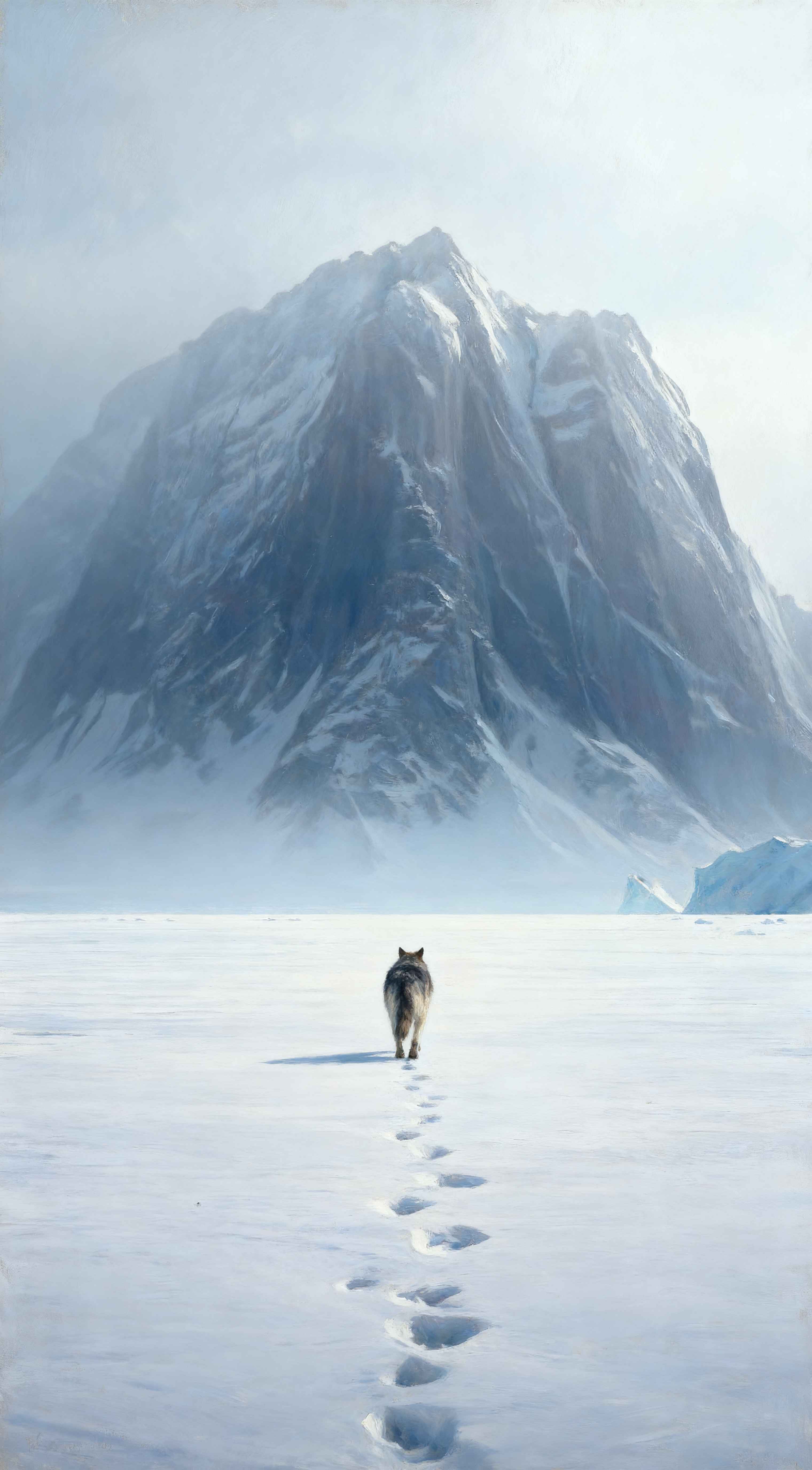 A lone wolf walks across a vast snowy plain towards a massive misty mountain, leaving a trail of footprints in the snow.
