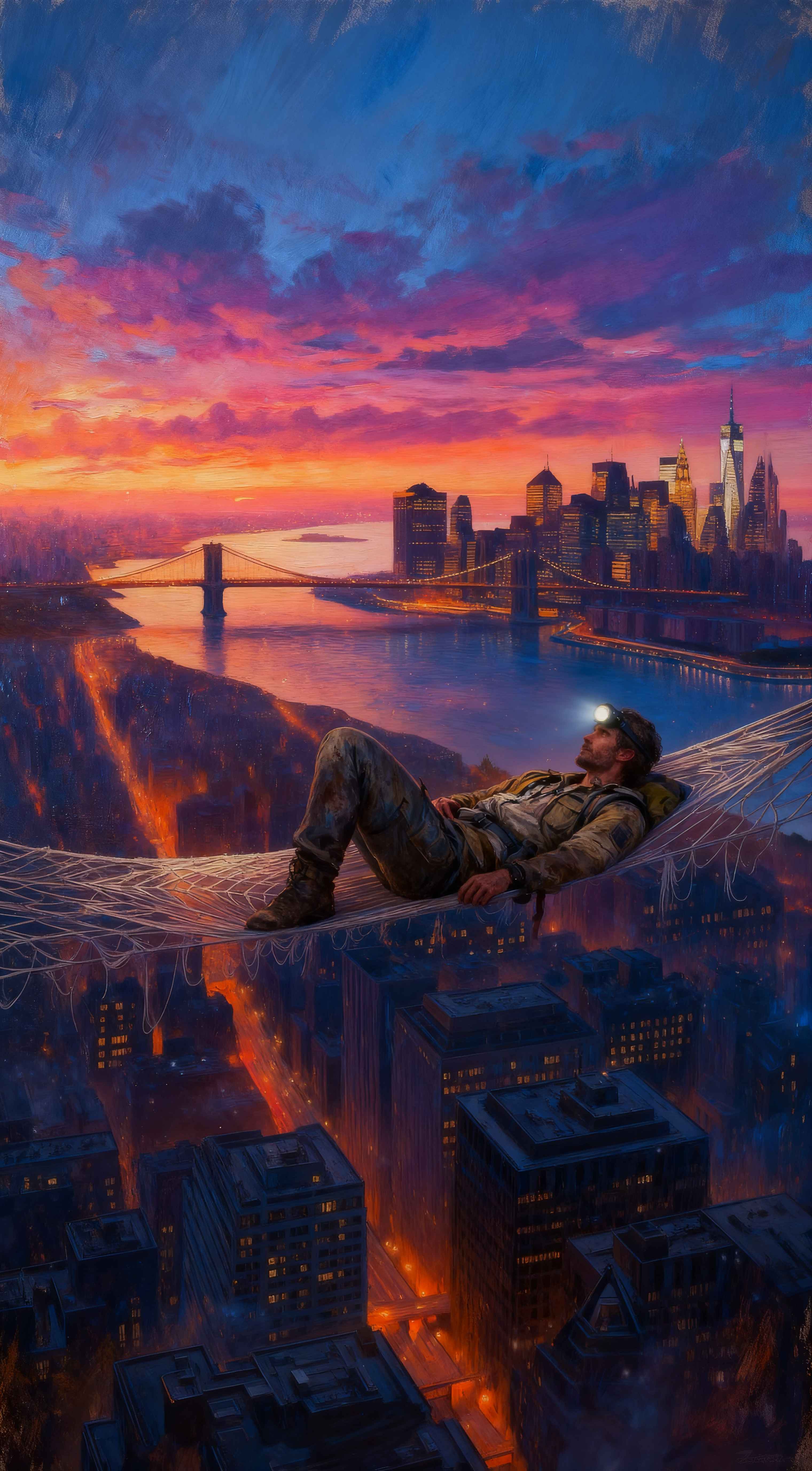 Man resting on a web hammock over New York City at sunset, painterly art style with vibrant orange and purple clouds.
