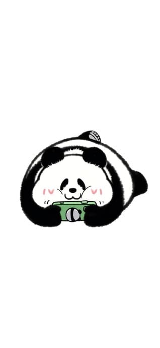 하얀 배경 위에 초록색 카메라를 들고 엎드려 있는 귀엽고 통통한 판다 캐릭터 일러스트.